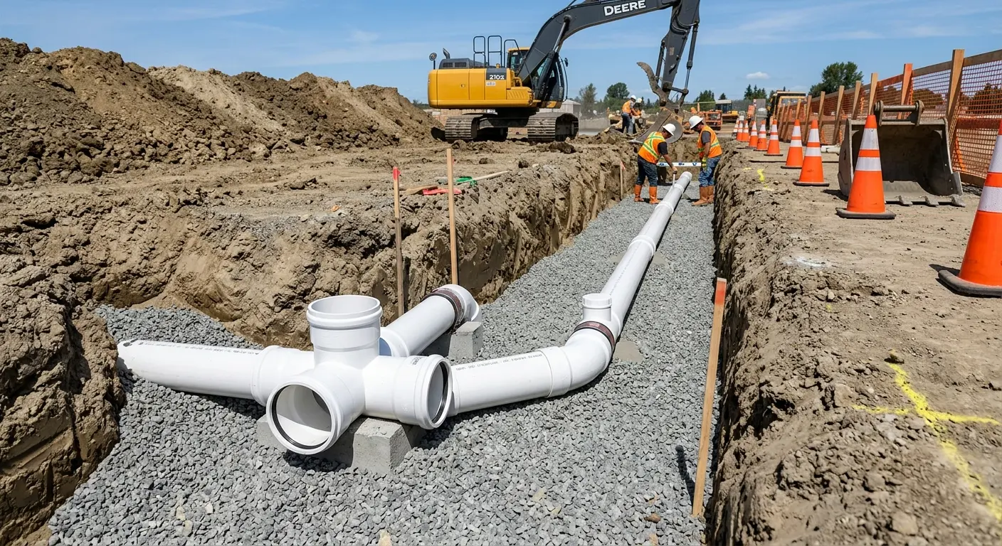 New PVC sewer pipe installation in open trench for Grease Trap Cleaning in Waipio Acres