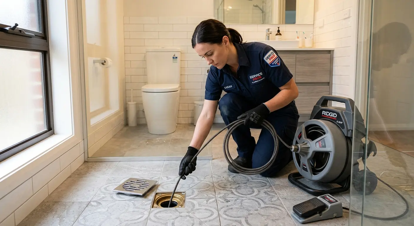 Technician clearing a bathroom floor drain for Drain Cleaning in Waipio Acres